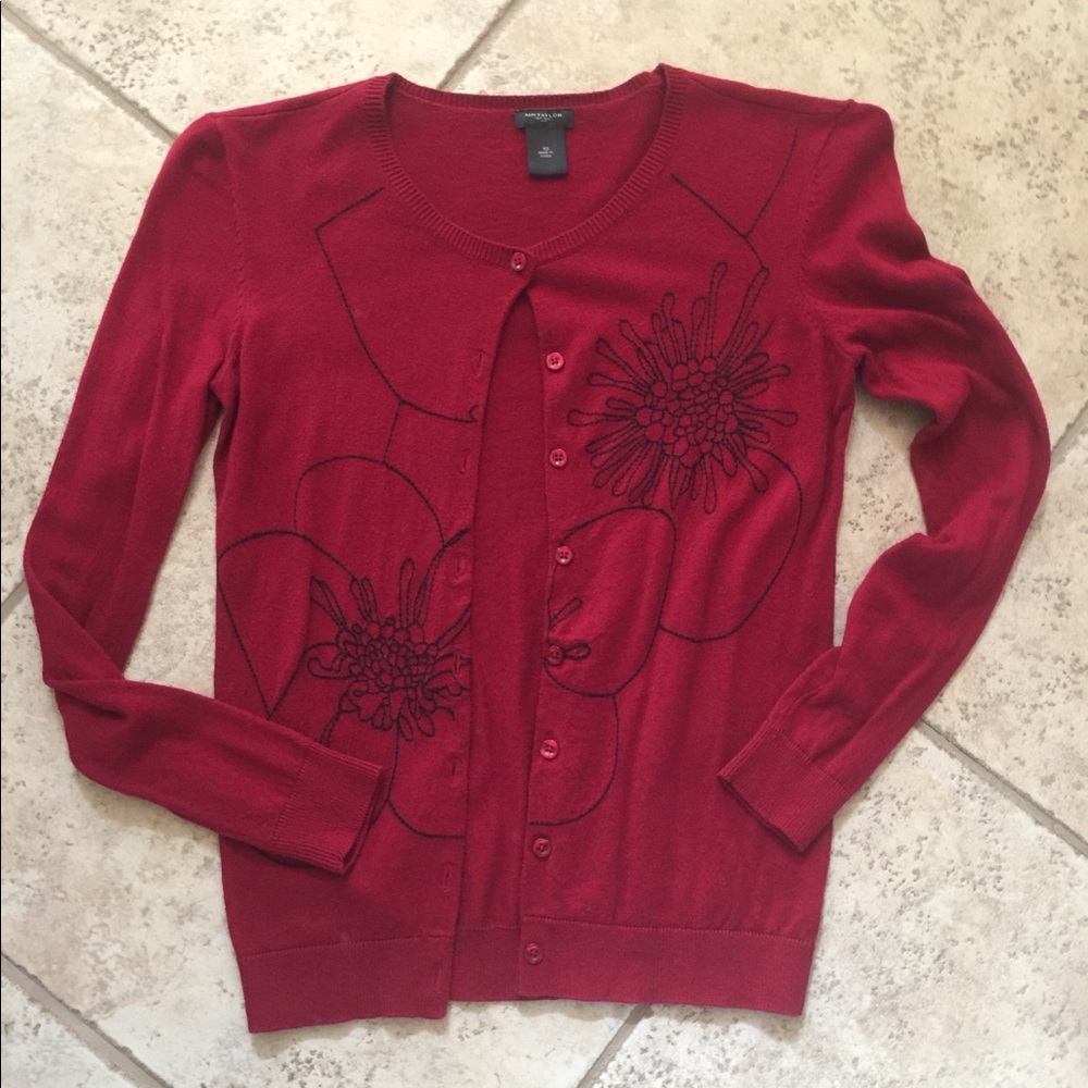 Ann Taylor Red Embroidered Cardigan XS